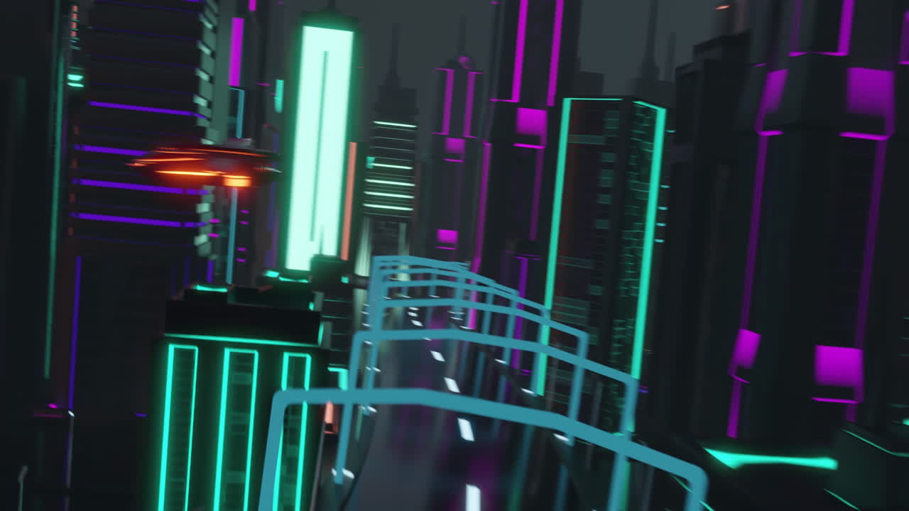 야간에 네온 조명 도시에서 자동차 운전의 애니메이션 배경