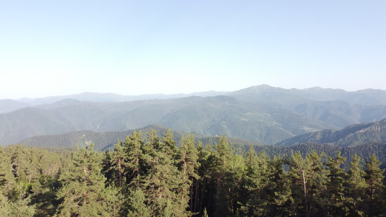 울창한 숲과 산악 지형을 드러내는 영화 같은 비행 나무 꼭대기