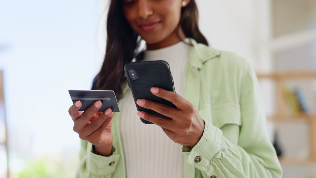 Woman, hands and phone with credit card for online
