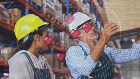 animación de los corazones sobre diversos trabajadores en el almacén