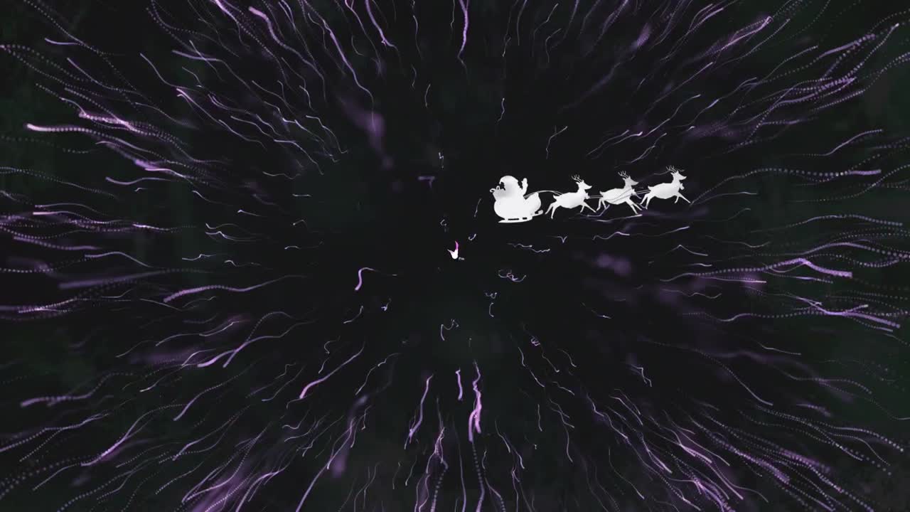 Animation of fireworks over santa claus in sleigh with reindeer on black background