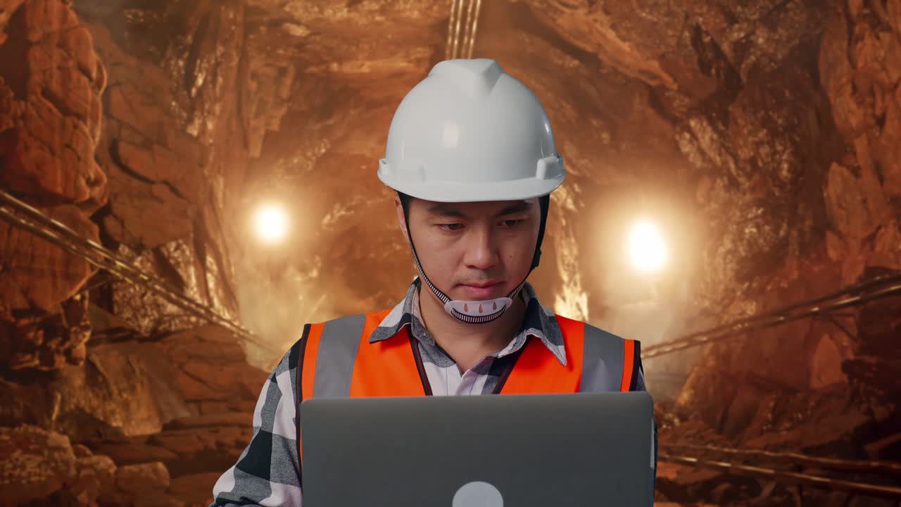 Close Up Of Asian Male Engineer With Safety Helmet Working On A Laptop While Standing In Underground Mine Tunnel