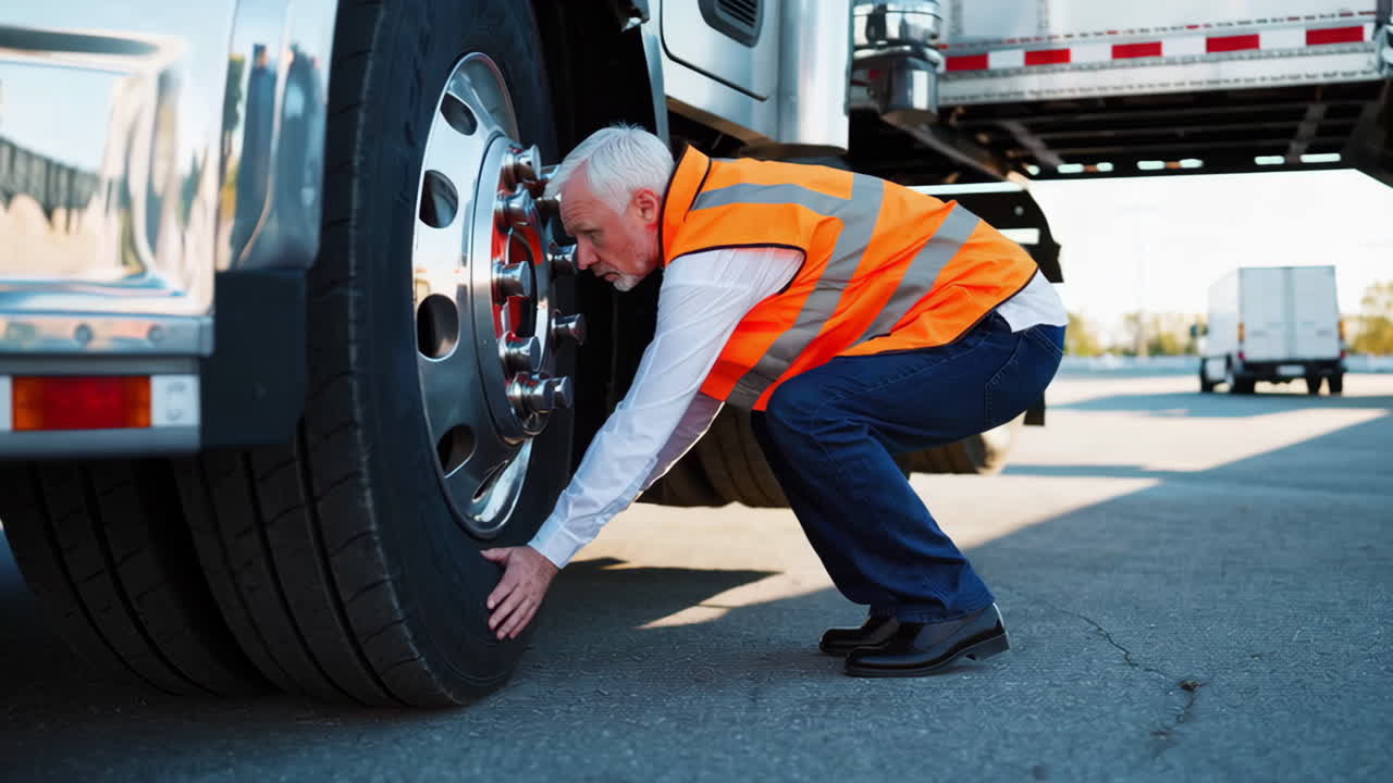Senior Truck Driver Inspecting a Semi-Truck Tire