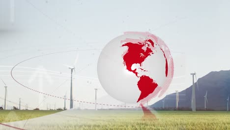 Animation-of-globe-with-arrows-over-wind-turbines-in-countryside