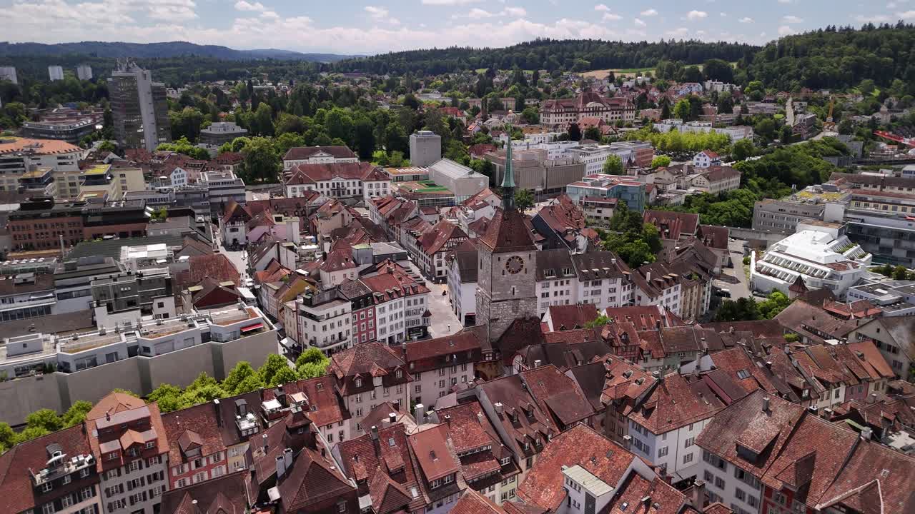 Aarau aerial drone Switzerland old town Swiss medieval city clock tower