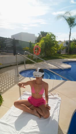 woman in vr headset relaxing by a pool