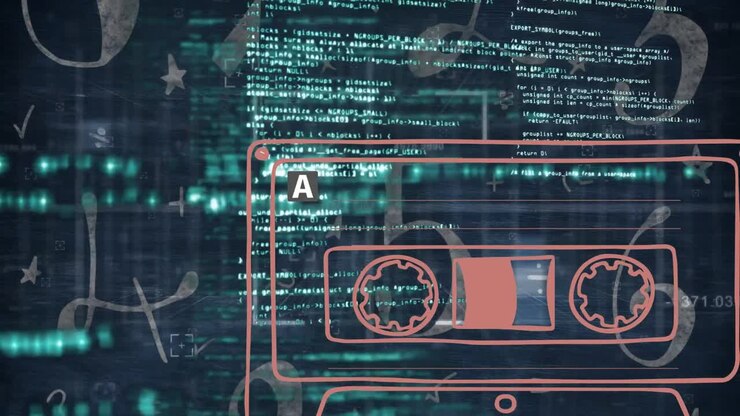 Animation of tape icon over data processing on black background