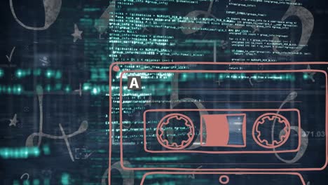 Animation of tape icon over data processing on black background