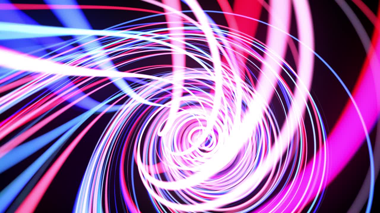 Light flow bg in 4k. Abstract looped background with light trails, stream of red blue neon lines in space move to form looped spiral shapes. Modern trendy motion design background. Light effect,