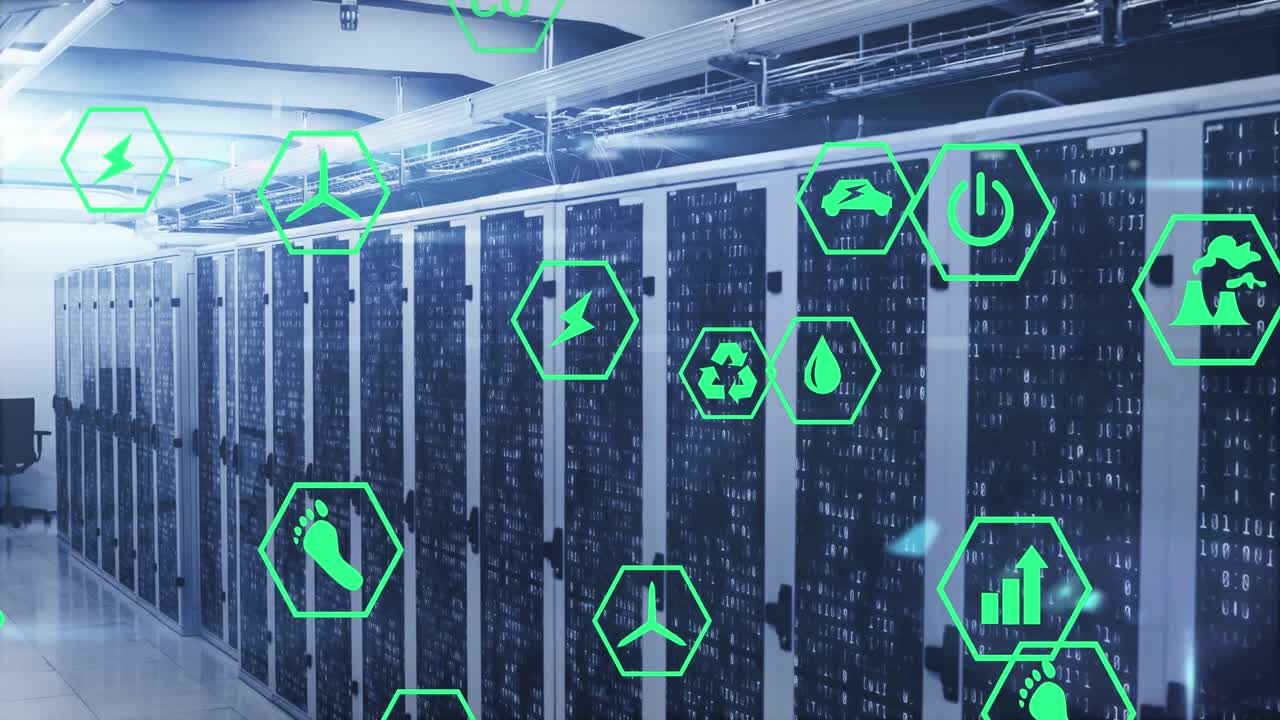 animación de múltiples iconos y llamaradas de lente sobre códigos binarios en racks de servidores de datos