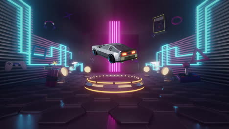 animation of spinning car and gaming icons over cyber room