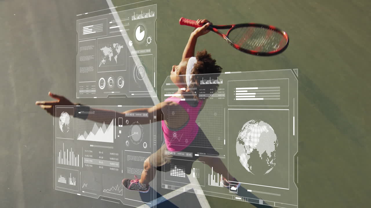 Woman tennis player executing powerful serve on hardcourt, displaying holographic analytics charts