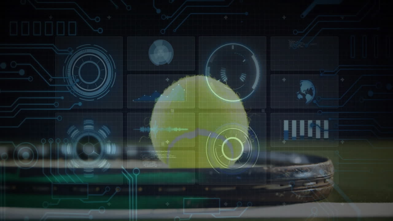 Tennis ball resting on racket strings while flat design HUD charts grid pulsing over blurred court