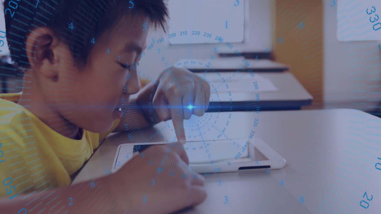 Male student tapping tablet, initiating learning, raising head, smiling while blue overlay rotating