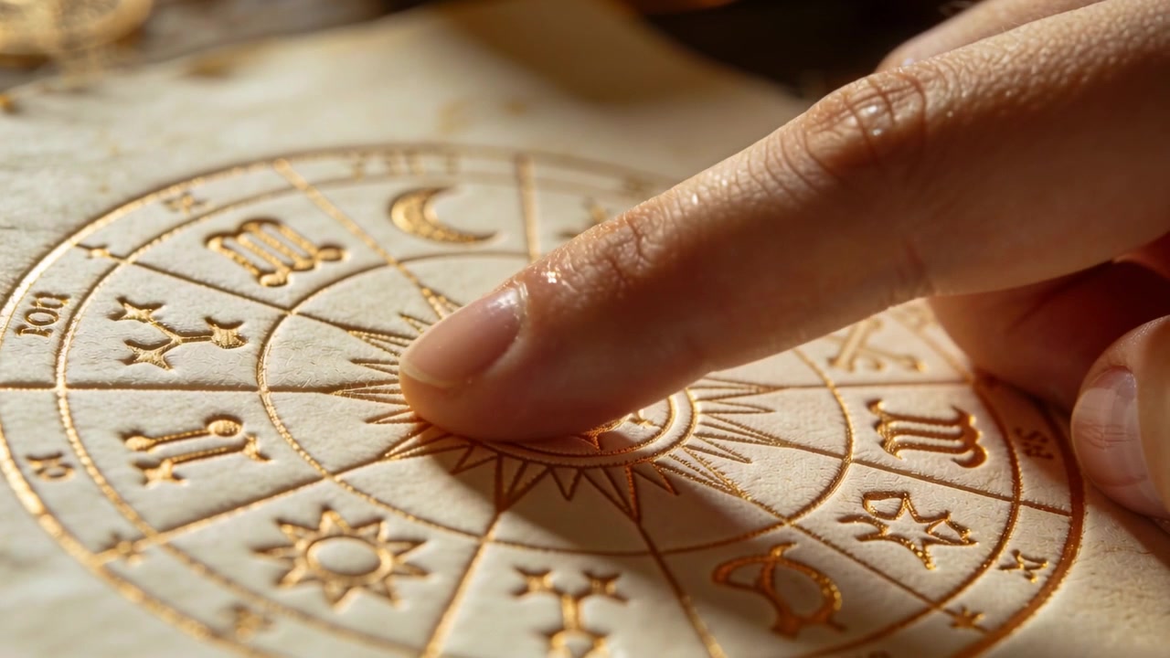 Dito indice destro che riposa, tracciando una ruota zodiacale con il centro sole-luna su un tavolo di legno, mostrando glifi dorati.