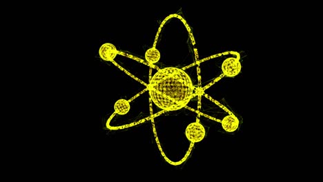 modelo planetario de átomo con núcleo y electrones que giran en órbitas. nanotecnología nuclear. tecnología de malla poli baja de wireframe