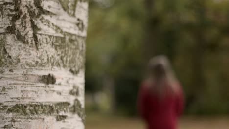 Corteza-De-Plata-En-El-árbol-De-Abedul-Mientras-La-Mujer-Camina-En-La-Distancia