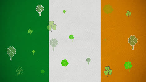 digital animation of multiple clover leaves floating against irish flag