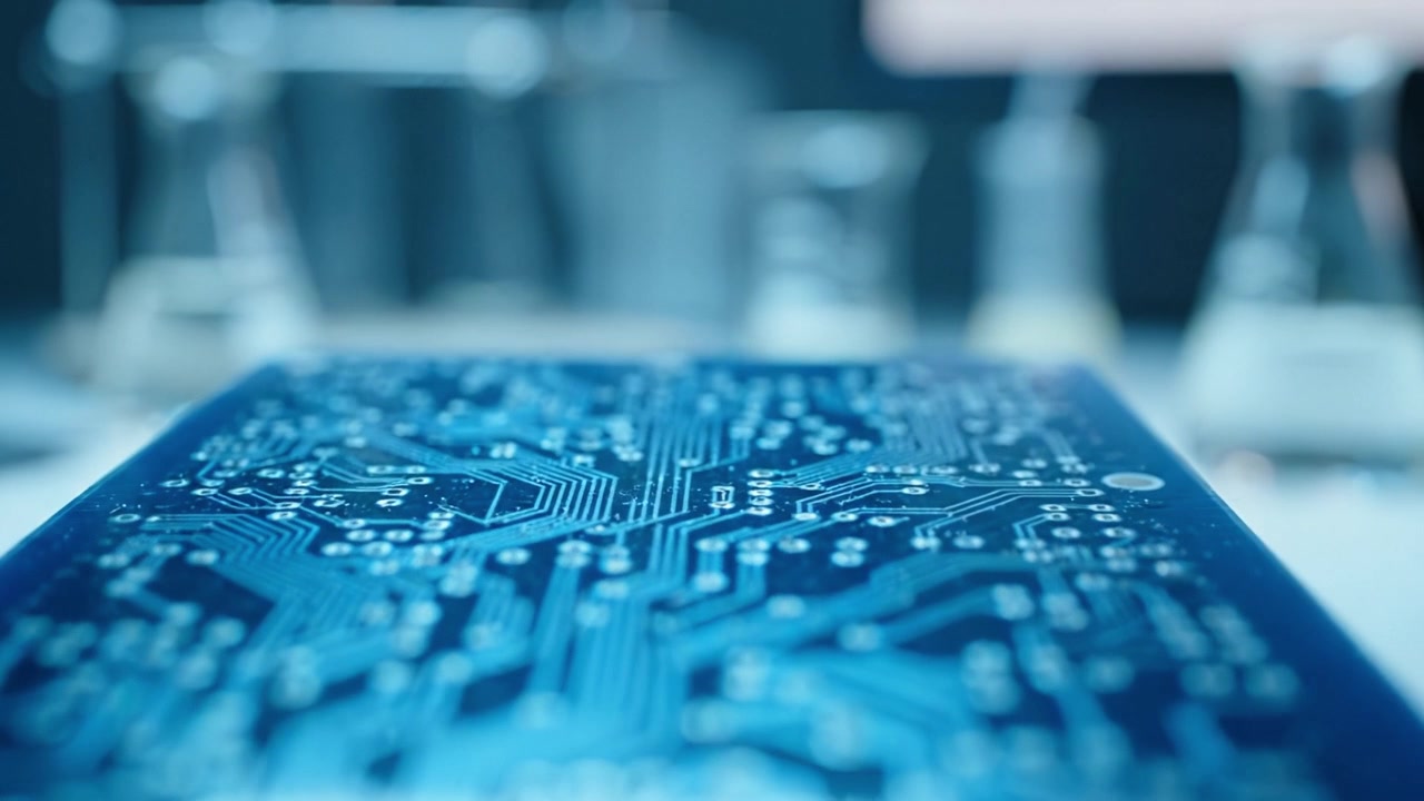 A Close-Up View of a Modern Circuit Board Featuring Intricate Design Patterns and Lively Connections in a Laboratory Environment.