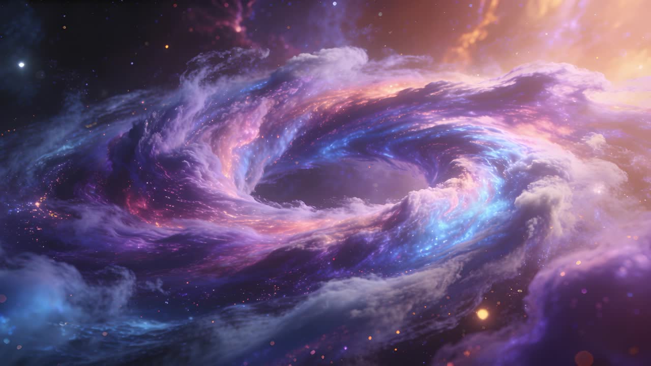 Frame sequence advancing, spiral nebula rotating, revealing dark void and star points for education