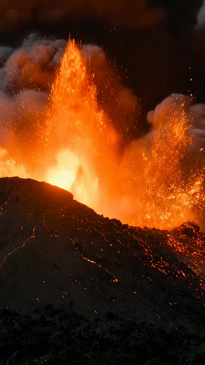 Video verticale: Gas che fuoriesce da una bocca vulcanica eruttando una fontana di lava nel cratere, lanciando cenere e tefra.