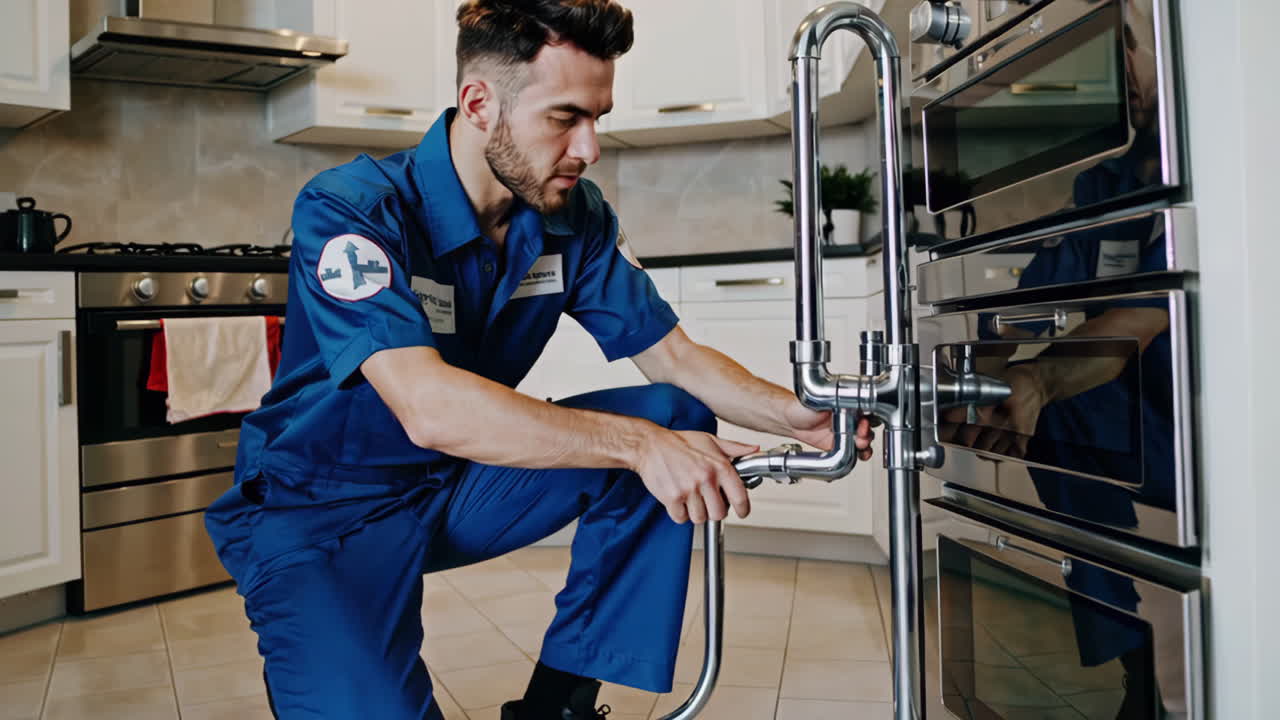 Plumber Fixing Oven Plumbing in Kitchen