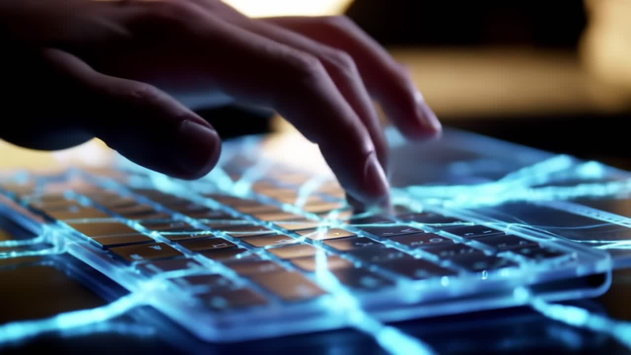 A Futuristic Keyboard Interaction: Exploring the Intricacies of Digital Connectivity Through Light and Movement in a High-Tech Setting