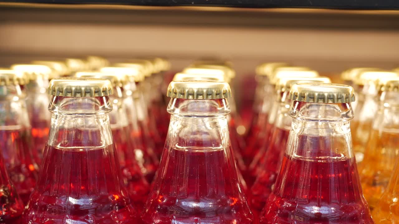 Close up of a row of bottles with gold caps filled with red and orange liquid