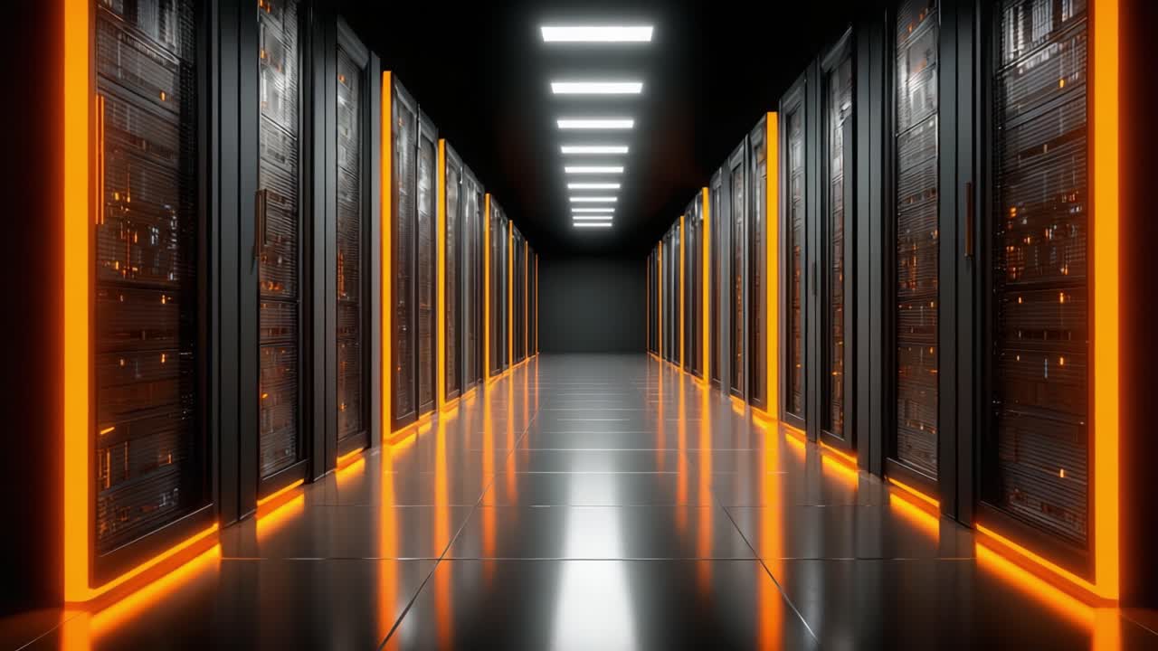 A Modern Data Center: A Long Corridor of High-Tech Server Racks Bathed in Orange Light, Showcasing Advanced Technology and Efficient Network Operations