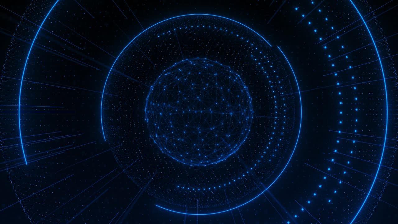 Animazione astratta di una sfera digitale, anelli HUD circolari, particelle, scie luminose, flusso di dati della rete globale.