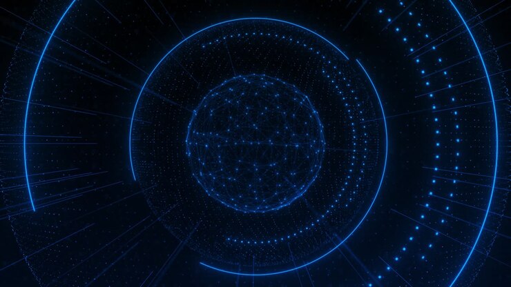 Animazione astratta di una sfera digitale, anelli HUD circolari, particelle, scie luminose, flusso di dati della rete globale.