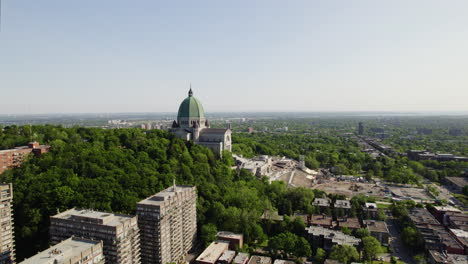 aerial view flying toward the saint joseph's oratory of mount royal in montreal