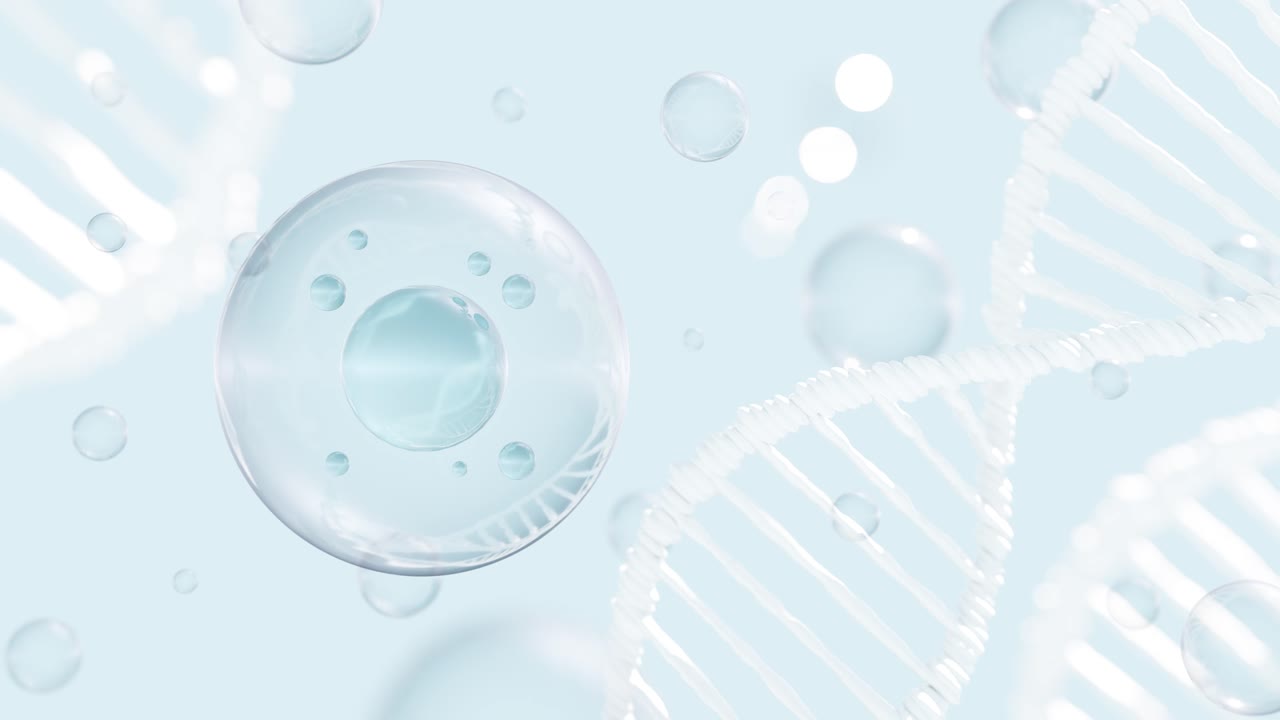 Abstract background with transparent spherical bubbles and DNA strands ...