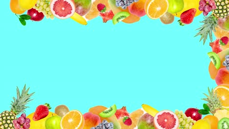 creative 4k stop motion video animation of many different exotic tropical bright fruits frame quickly appearing and disappearing on a summer blue background. seamless loop.