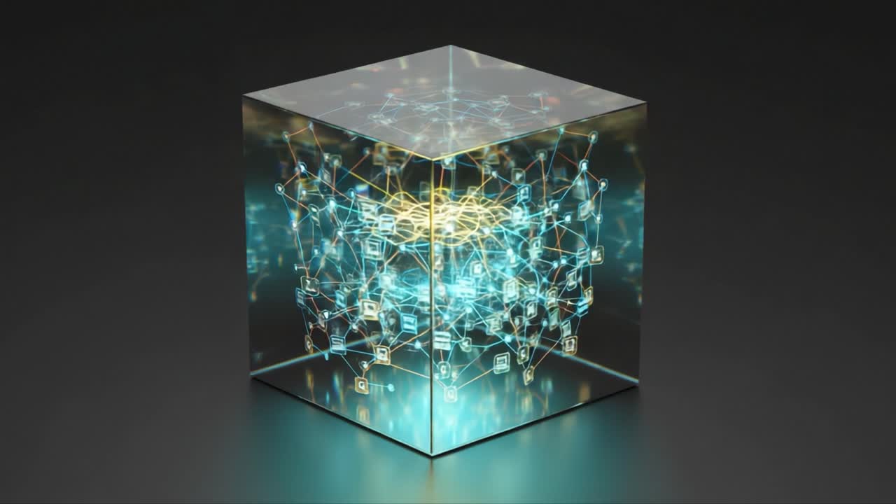 A Captivating 3D View of a Transparent Cube Featuring Intricate Digital Connections and Data Patterns, Representing Technological Innovation and Complexity