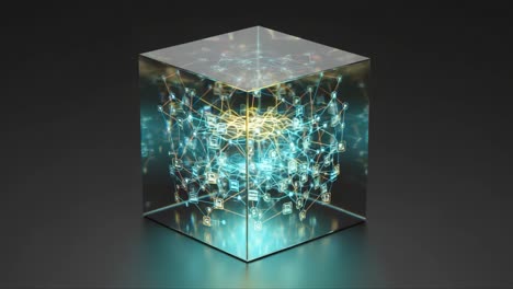 a captivating 3d view of a transparent cube featuring intricate digital connections and data patterns, representing technological innovation and complexity