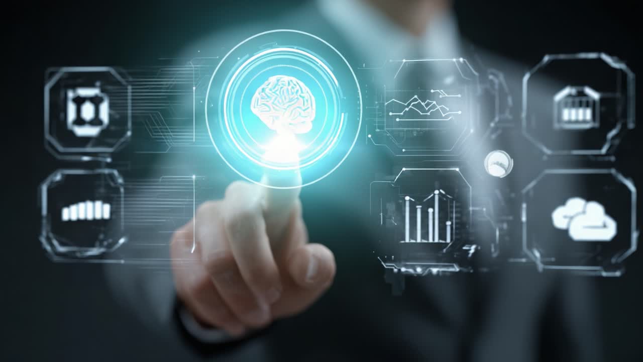 A Professional in a Suit Engaging with a Futuristic Brain Interface, Demonstrating the Integration of Technology and AI in Modern Business Solutions