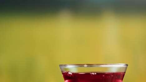 pouring red liquid from a teapot into a glass