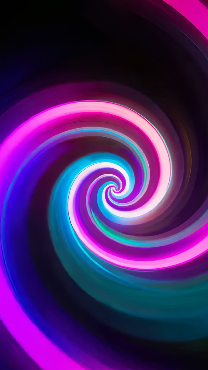 Vertical video: Looping neon spiral pulsing on portrait display, creating inward motion with bands