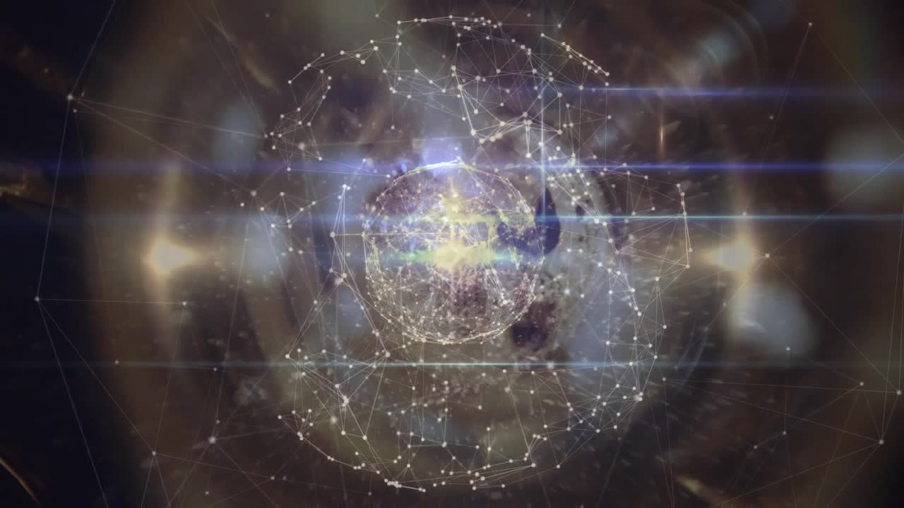 Pontos espalhados aparecendo e formando uma esfera de rede girando e pulsando para mostrar conectividade.
