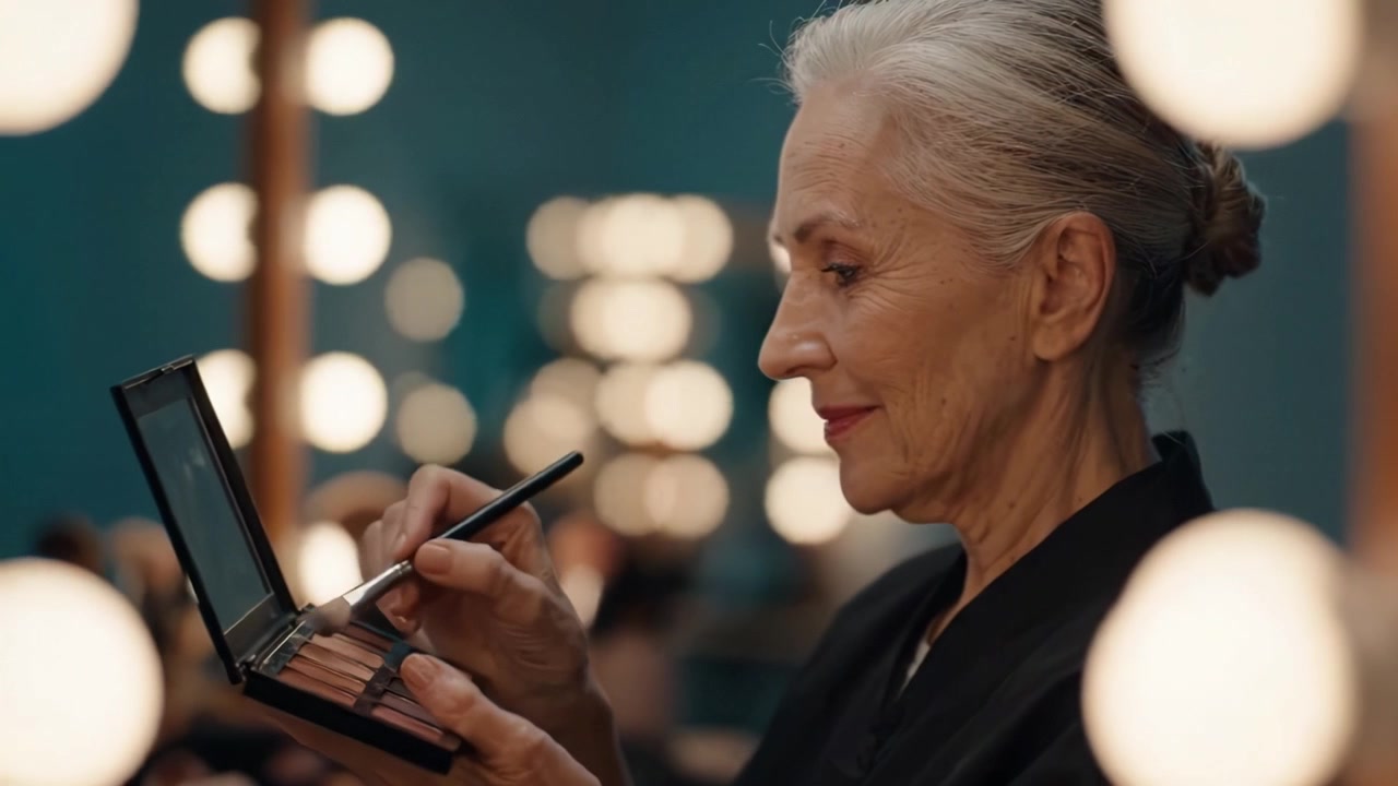 A graceful older woman applies makeup in a well-lit dressing room, showcasing confidence and beauty at any age, surrounded by soft glowing lights for the perfect ambiance.