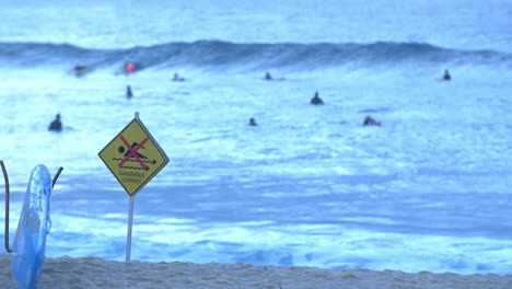 dangerous current warning sign in bronte beach with surfers in background in nsw, australia