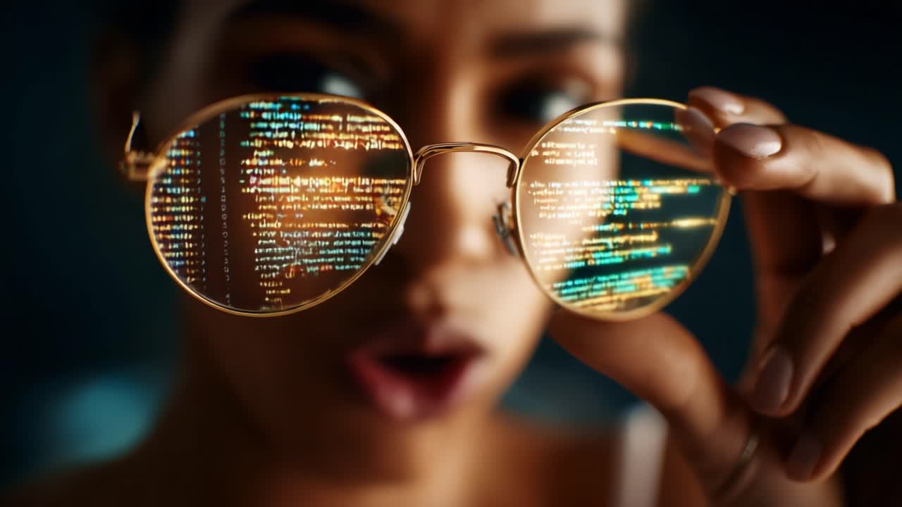A close-up view of a focused individual holding glasses that reflect streams of colorful code, showcasing the intersection of technology, vision, and digital innovation in a mesmerizing way