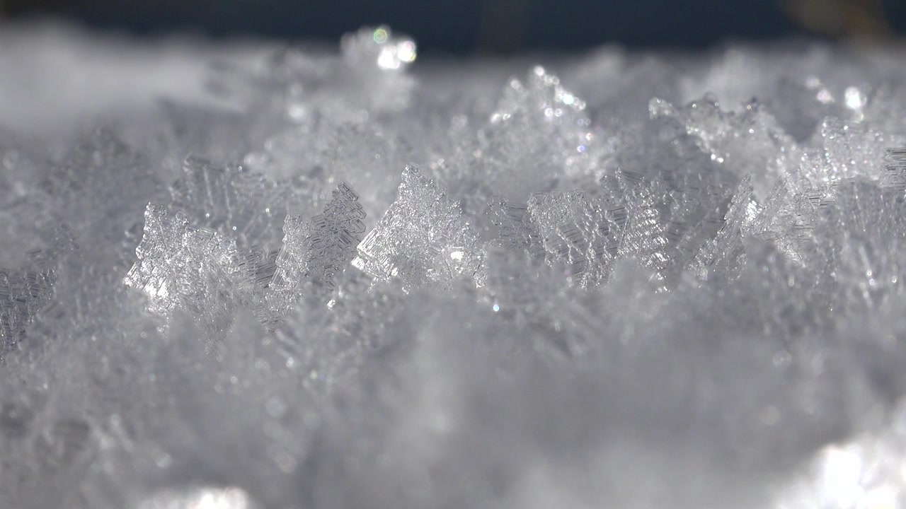 Macro Close-Up of Intricate Ice Crystals on Frozen Surface