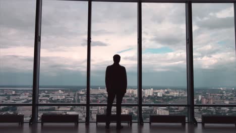 businessman contemplating city view from high rise window