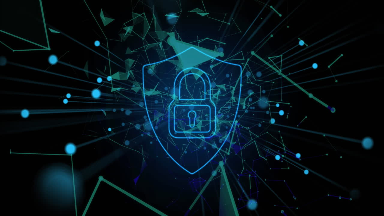 Security padlock icon over plexus networks against black background