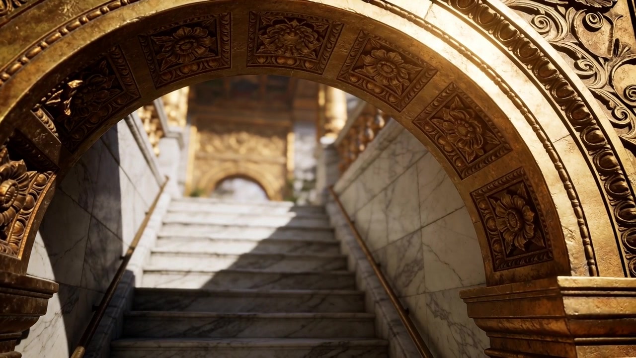 Telecamera che avanza rivelando un arco dorato che incornicia scale di marmo in un palazzo, con la luce solare che sale.