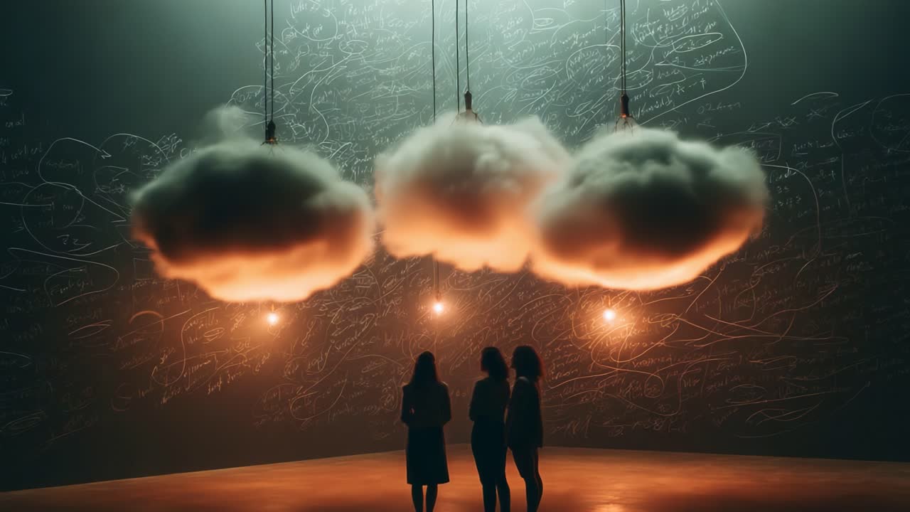 Three Mysterious Cloud Formations Illuminated by Soft Lighting, Serving as a Dreamlike Backdrop for Figures Engaged in Contemplation Against a Wall of Intricate Scribbles
