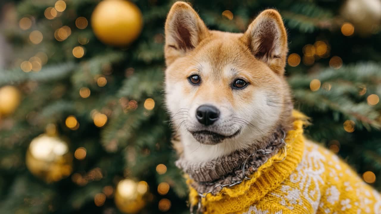 Charming Shiba Inu Dog Dressed in a Cozy Yellow Sweater Poses Gracefully Against a Beautifully Decorated Holiday Tree with Golden Ornaments