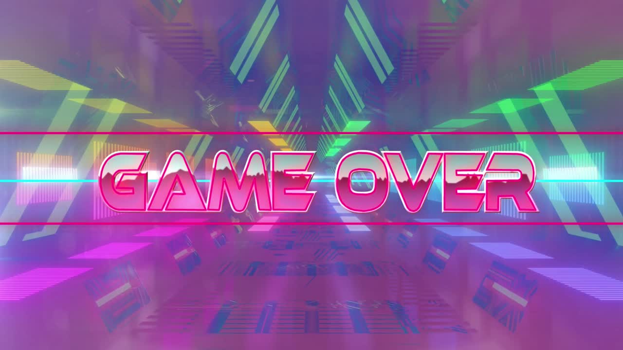 animación del juego sobre el texto glitching por encima de las líneas púrpuras y rojas contra una pantalla verde